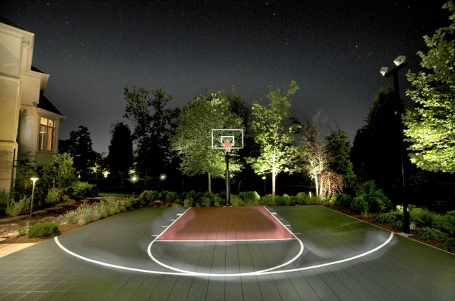 outdoor basketball court at night