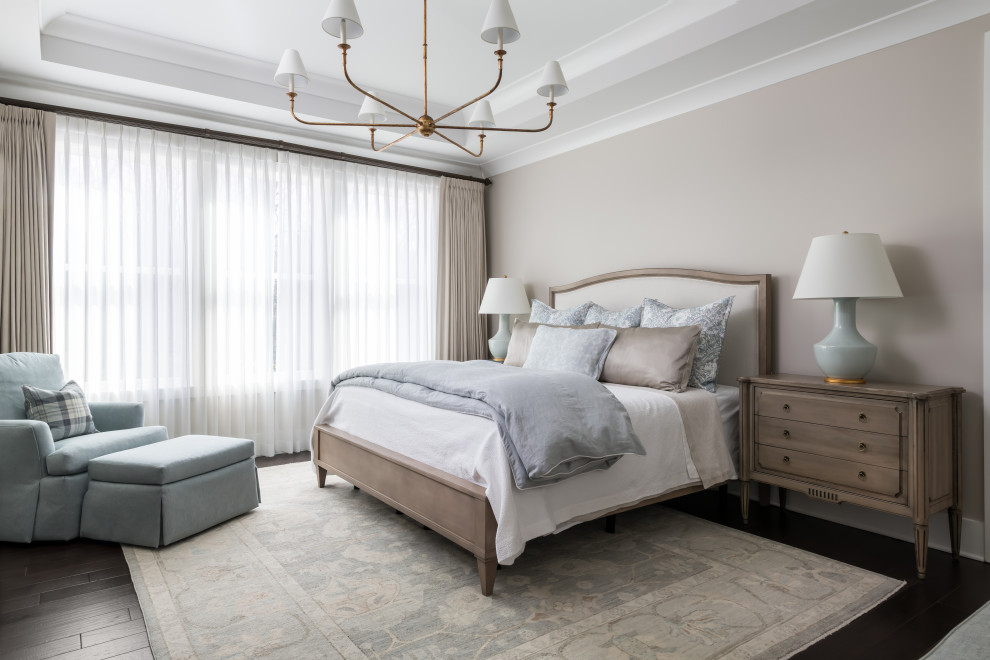 Bedroom - transitional dark wood floor, brown floor and tray ceiling bedroom idea in Atlanta with gray walls