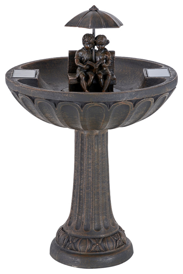 Umbrella Solar Fountain Boy/Girl Reading Antique Bronze