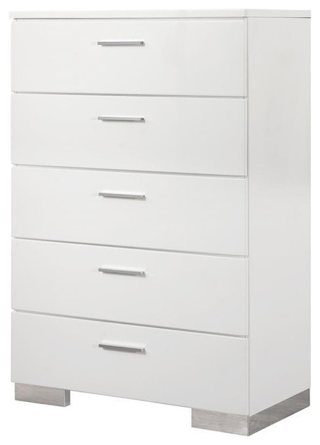 Coaster Felicity 5 Drawer Chest In Glossy White And Silver