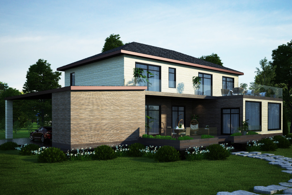 Inspiration pour une très grande façade de maison beige design en briques peintes à un étage avec un toit à deux pans.