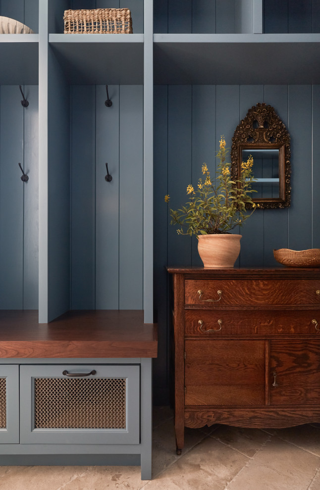 Hill Country Village Legacy Home - Entryway - mid-sized transitional travertine floor, beige floor and wood wall entryway idea in Austin with blue walls