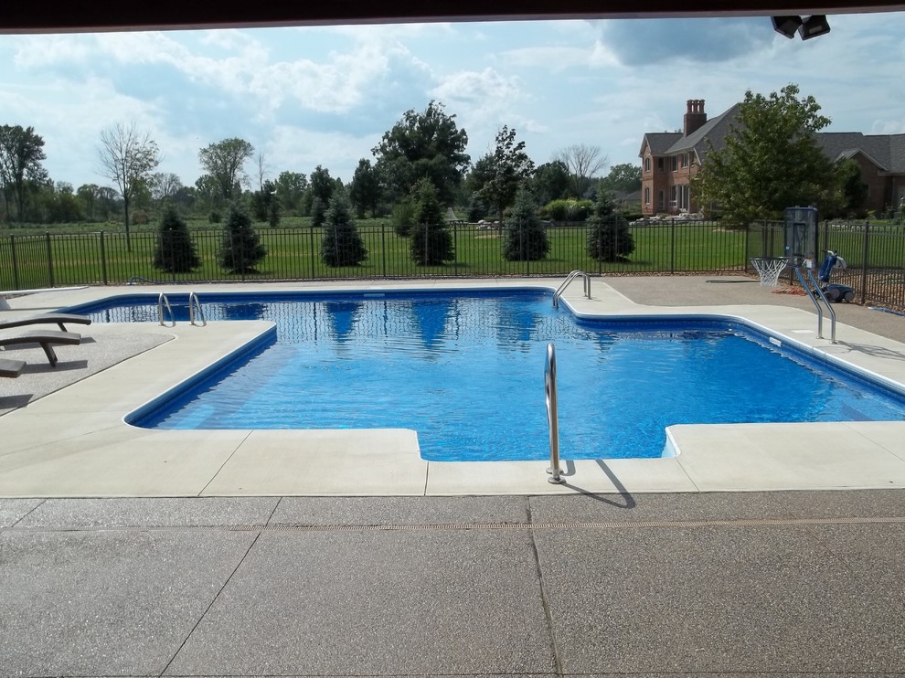 Inspiration for an expansive modern backyard custom-shaped pool in Detroit.