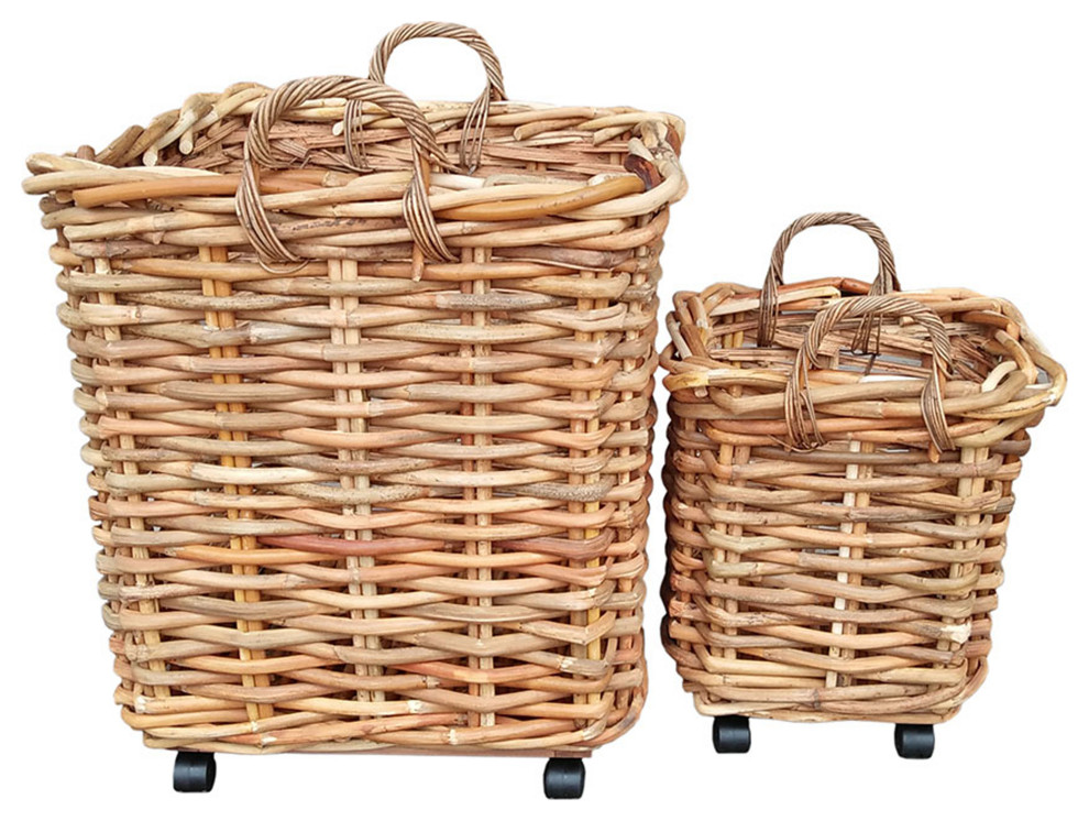 Jungle Weave Rattan Square Basket Planter on Wheels Set of 2 Tropical