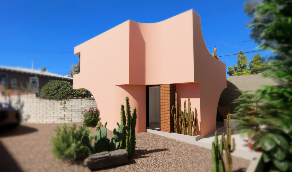 Inspiration för mellanstora moderna rosa hus, med två våningar, stuckatur och platt tak