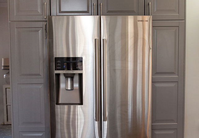 Kitchen - kitchen idea with gray cabinets and stainless steel appliances