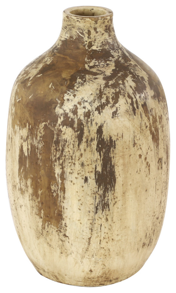 Large, Round Distressed Beige and Brown Ceramic Floor Vase Farmhouse