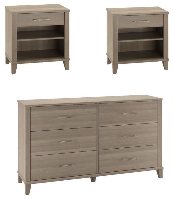 Somerset 3 Piece 6 Drawer Double Dresser And Nightstand Set In Ash Gray Transitional Bedroom Furniture Sets By Homesquare
