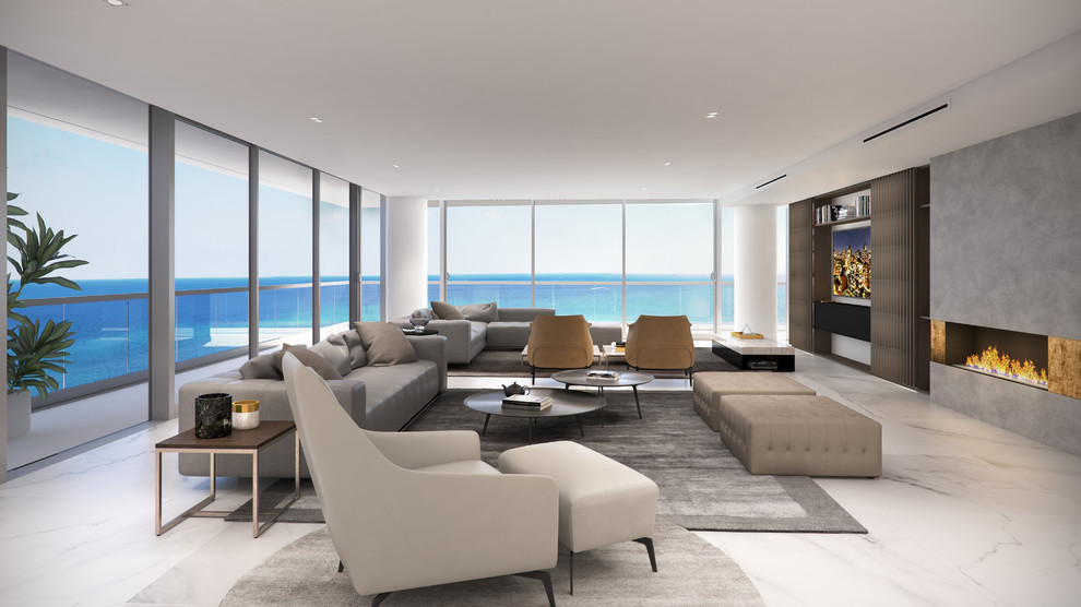 Photo of a large modern formal enclosed living room in Miami with grey walls, marble floors, a ribbon fireplace, a concrete fireplace surround, a built-in media wall and white floor.