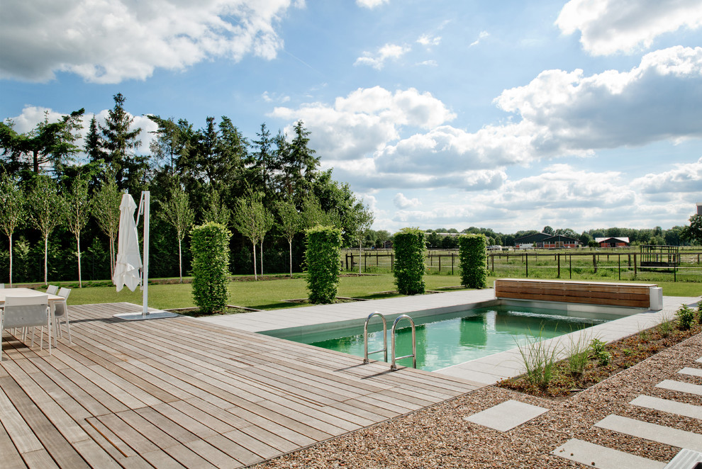 This is an example of a contemporary rectangular pool in Hamburg with decking.