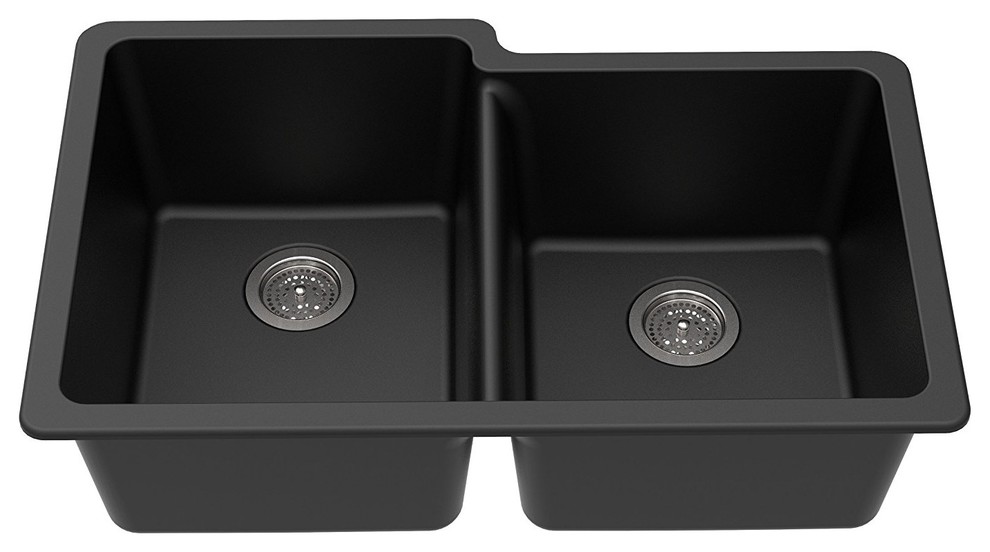 Winpro Dual-Mount Kitchen Sink, Offset Double Bowl, Granite Quartz, 33", Black