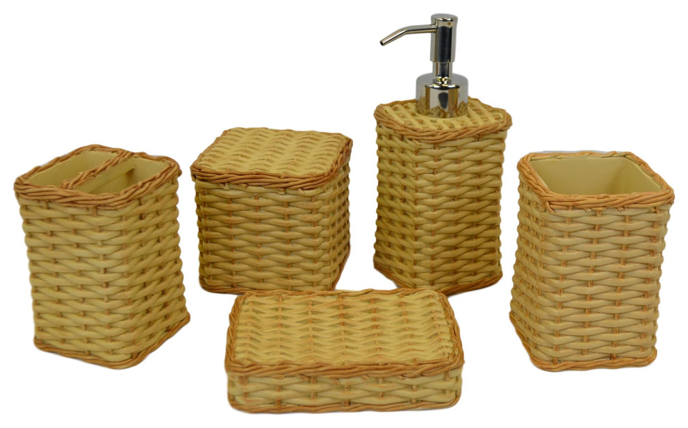 Bathroom Accessory Set Beige Basket Weave Design Tropical