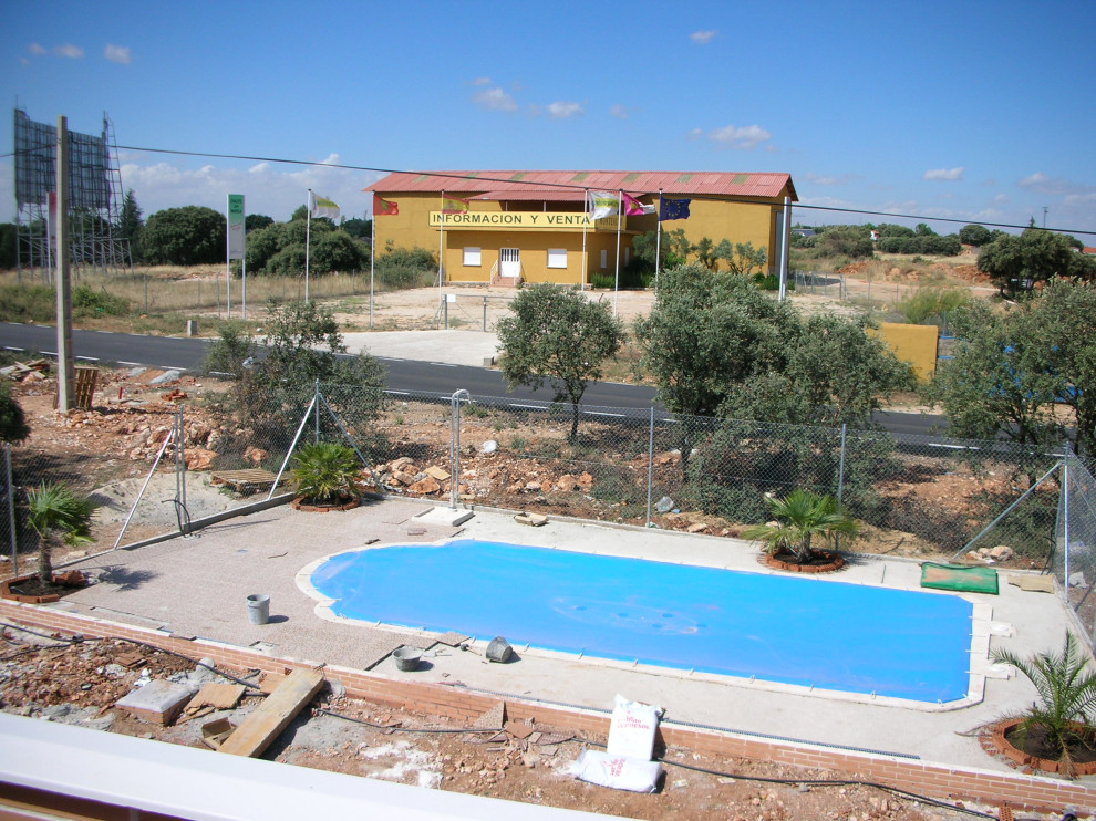 Ejemplo de piscina alargada moderna de tamaño medio rectangular en patio trasero con paisajismo de piscina y suelo de baldosas