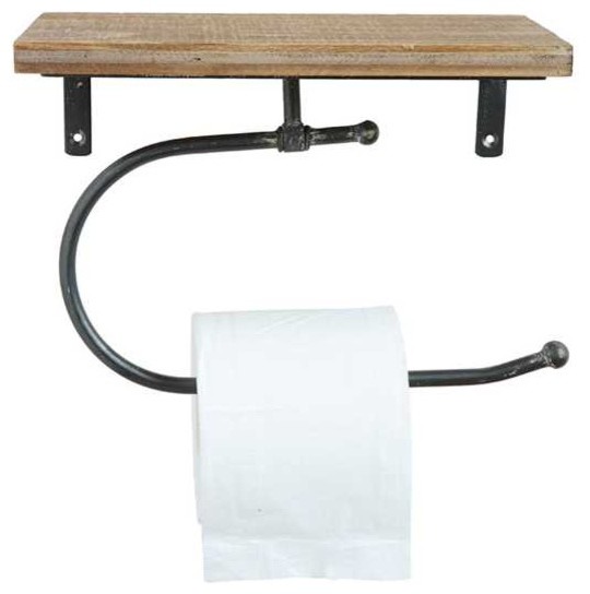 Wood and Metal Toilet Paper Holder With Wall Shelf