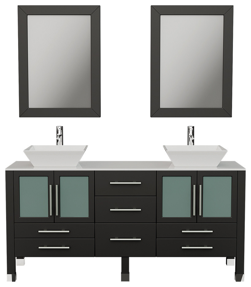 63" Solid Wood Vanity Porcelain Counter Top Two Matching Vessel Sinks - Contemporary - Bathroom Vanities And Sink Consoles - By Bathroom Marketplace | Houzz