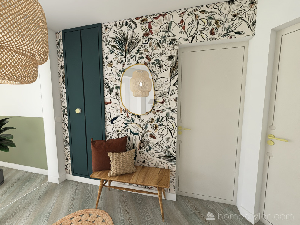 Design ideas for a small modern foyer in Paris with white walls, laminate floors, a single front door, a white front door, grey floors and wallpapered walls.