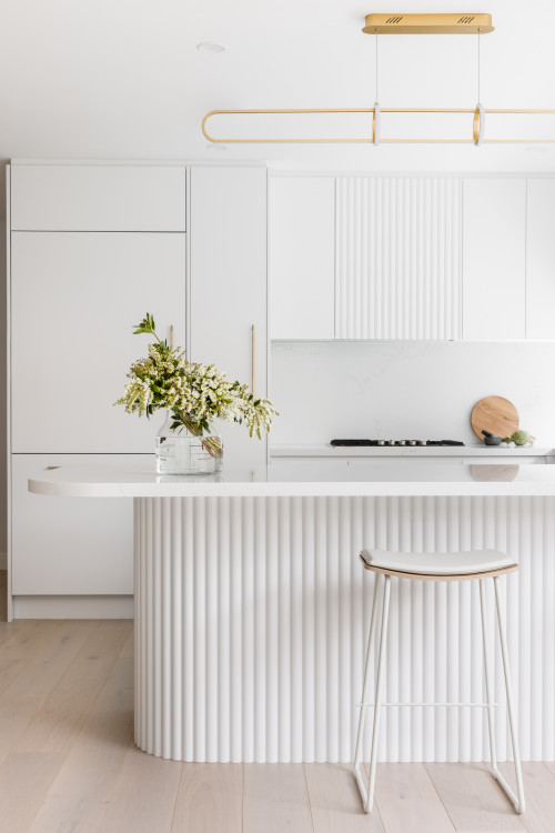 Add Glamour with Minimalist Kitchen Ideas: White Kitchen Cabinets Enhanced by a Gold Lighting Fixture