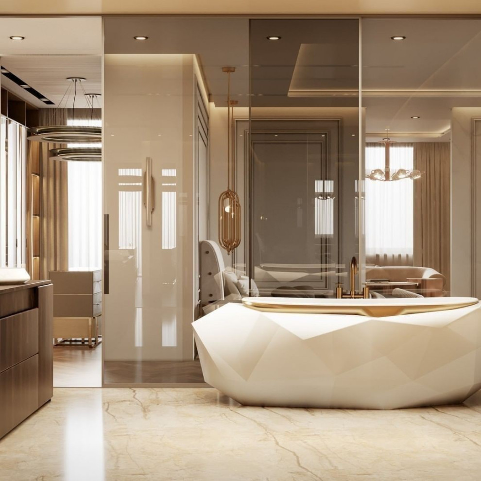 Photo of a large contemporary ensuite bathroom in Miami with a freestanding bath.