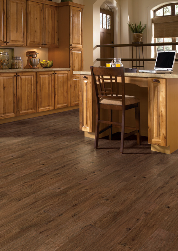 Mid-sized elegant dark wood floor and brown floor kitchen photo in Phoenix with raised-panel cabinets and medium tone wood cabinets