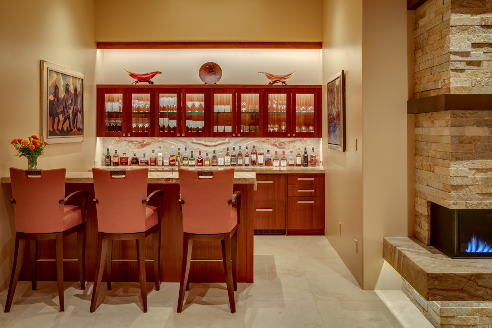 Photo of a medium sized contemporary u-shaped wet bar in Phoenix with shaker cabinets, medium wood cabinets, granite worktops and marble flooring.