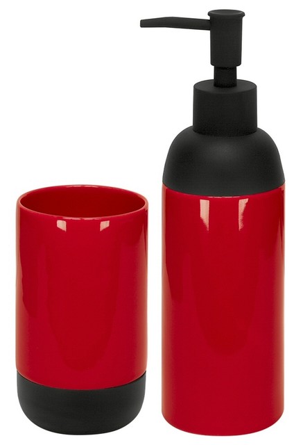Modern Bath Accessories Set of 2, Liquid Soap Dispenser and Tumbler, Red