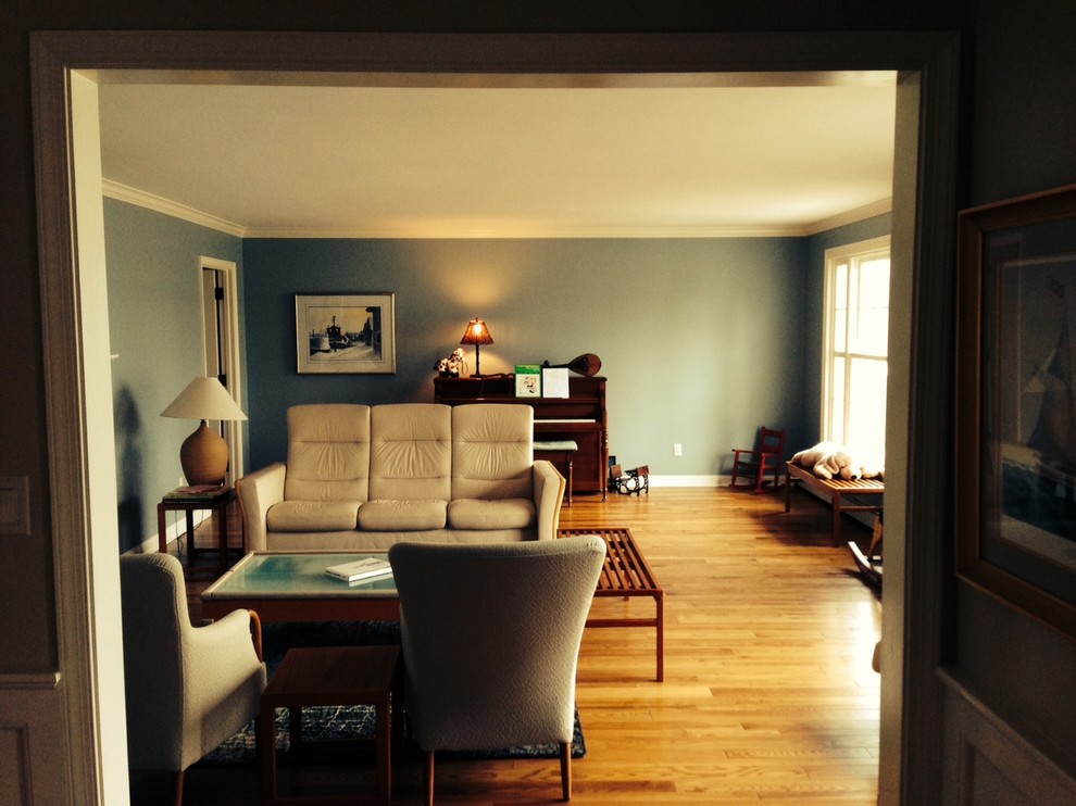 Two focal points on opposite walls in off center narrow living room