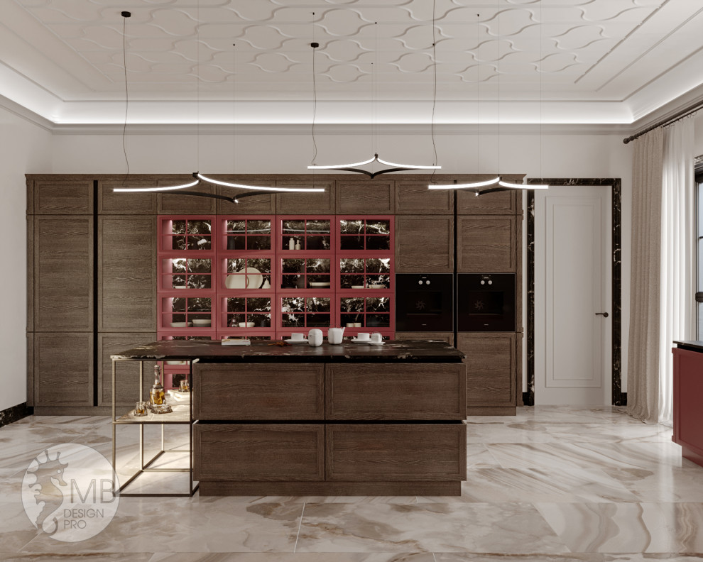 Элегантная кухня-гостиная в частном доме.