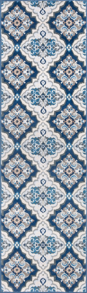 Peoria Traditional Floral Dark Blue Runner Rug, 2'x10'