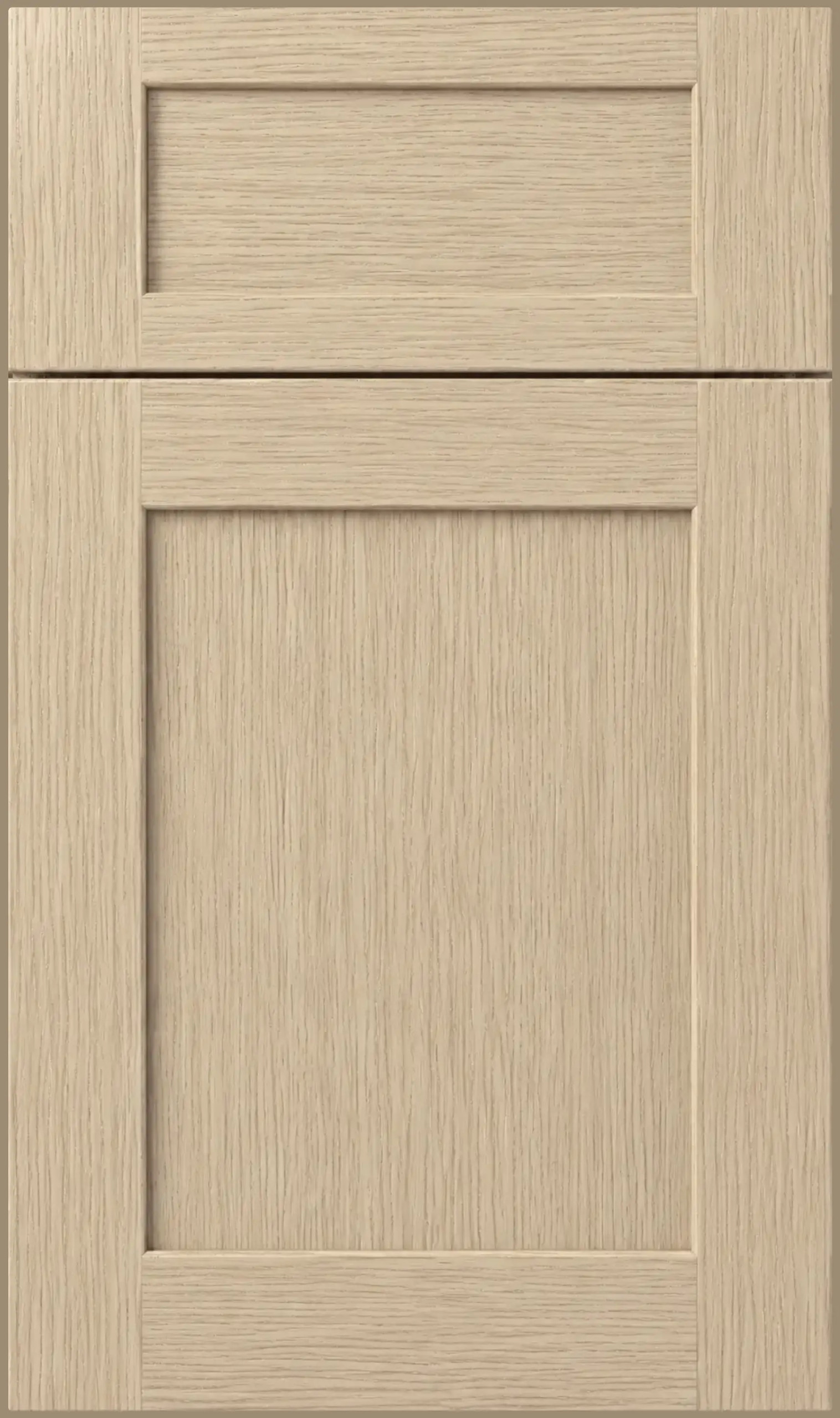 Desert Oak Shaker cabinet door with rift cut white oak grain, recessed center panel and square edges