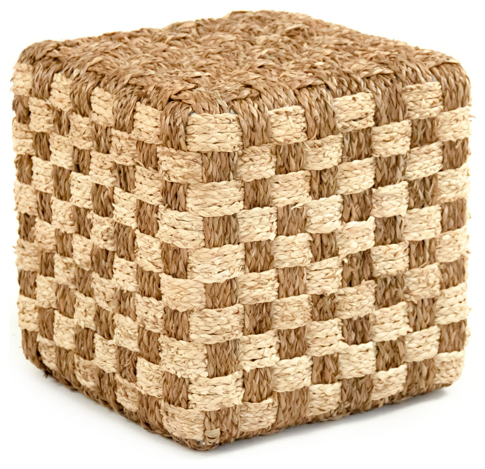 Two Toned Checkered Cube Woven Pouf