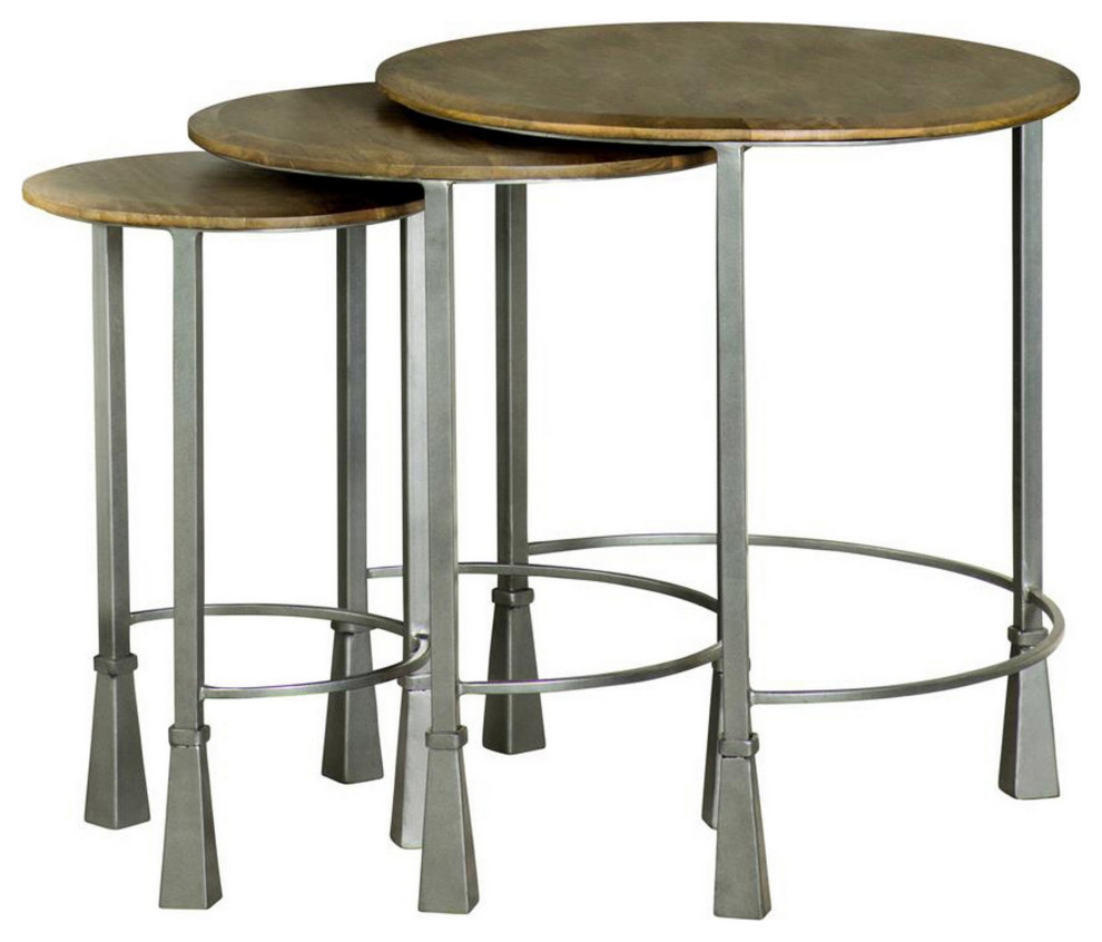 3-Piece Round Nesting End Table Set, Sleek Gray Iron Legs, Mango Brown Wood