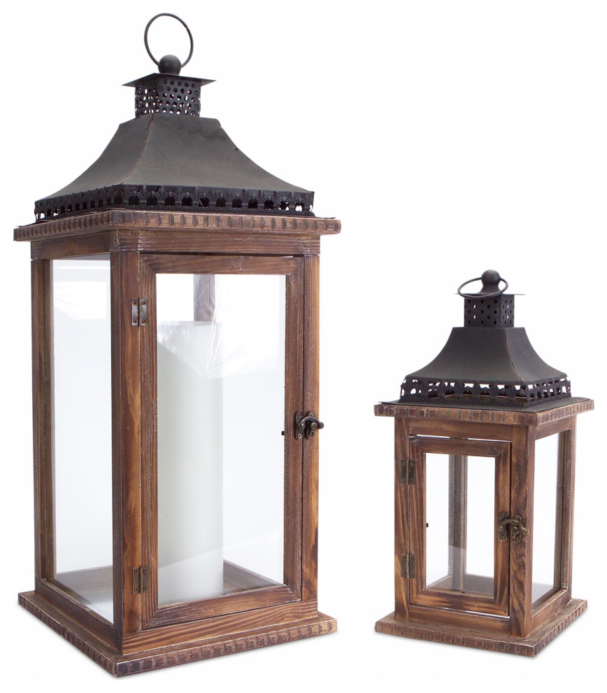 Lantern (Set Of 2) 14.25"H, 23.5"H Wood/Iron/Glass