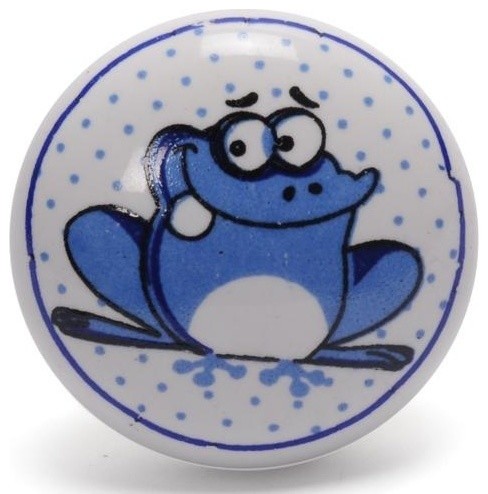 Ceramic Knobs Blue Frog And Small Dots With White Set Of 3