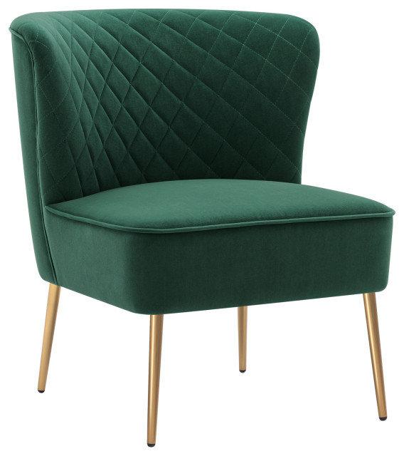 Diamond Stitched Bright Velvet Slipper Chair, Dark Green