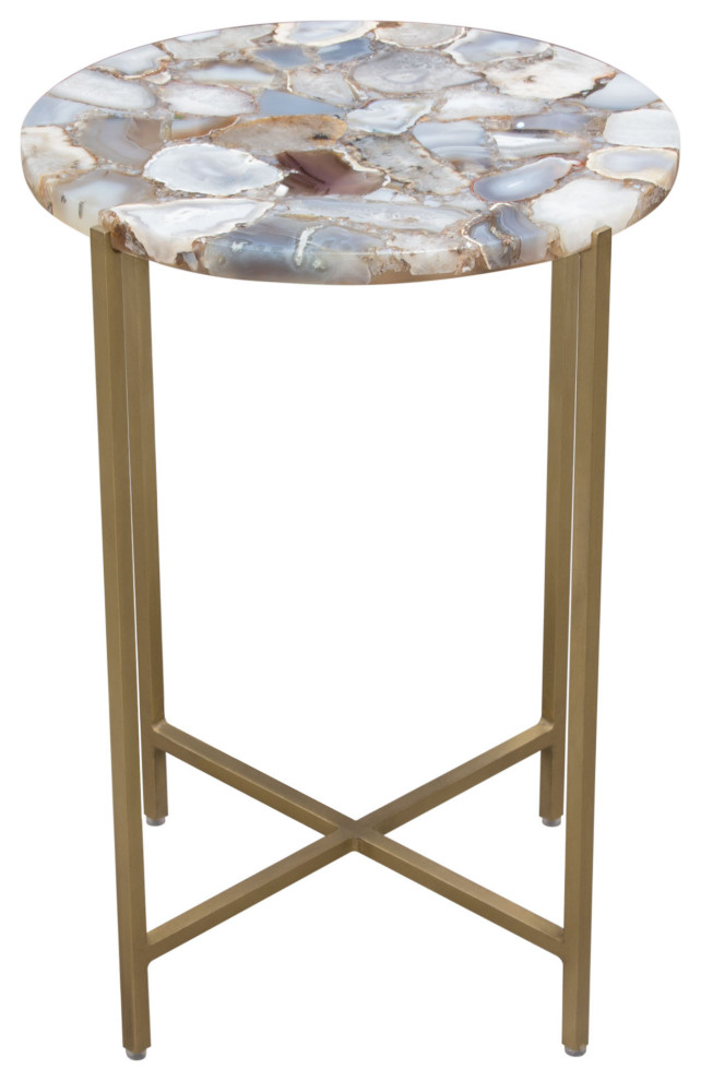 Mika Round Accent Table With Gray Agate Top With Brass Base