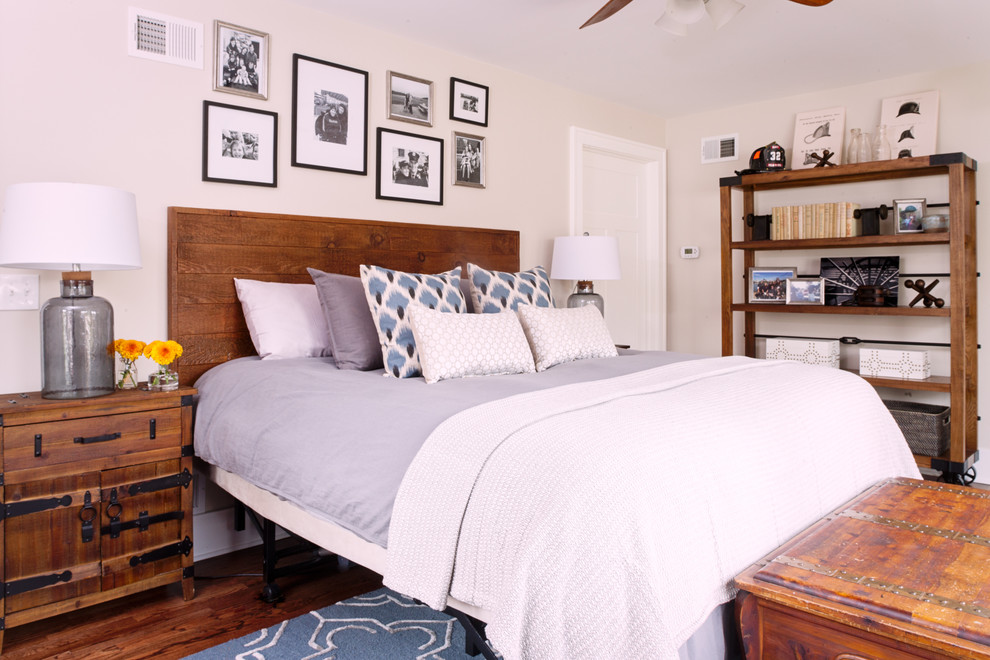 Design ideas for a traditional master bedroom in San Francisco with beige walls and dark hardwood floors.