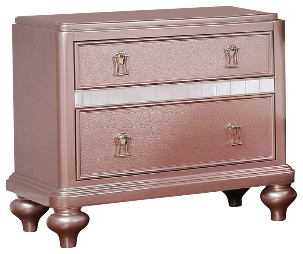 Contemporary Nightstand, Bun Feet & Glamorous Mirror Trim Accent, Rose Gold Traditional