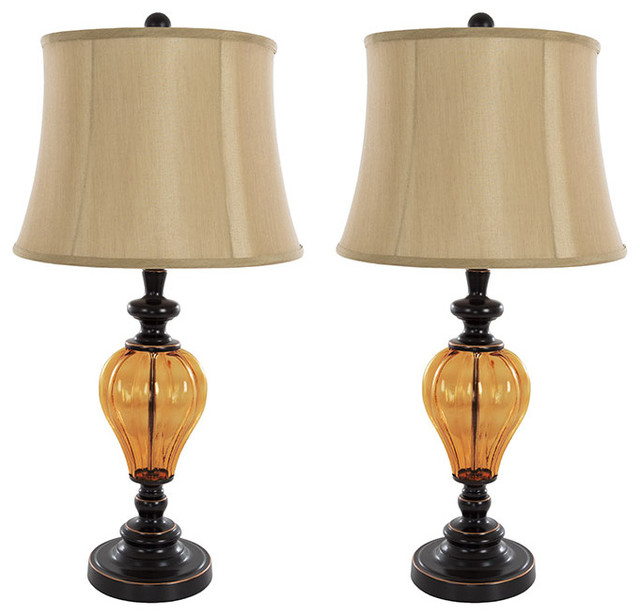 Table Lamps Set of 2, Amber Glass by Lavish Home
