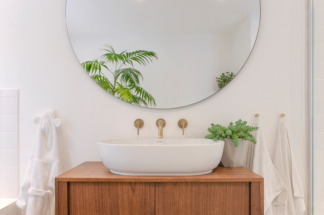 Bathroom Basin With Vintage Dresser And Round Mirror Modern