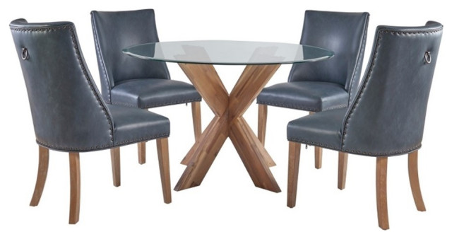 Linon Hale Wood and Glass 5 Piece Faux Leather Dining Set in Navy/Natural