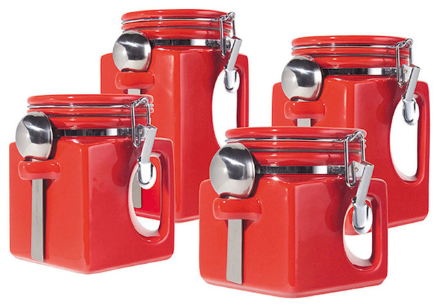 Oggi EZ Grip 4 Piece Ceramic Airtight Canister Set, Red - Contemporary - Kitchen Canisters And ...