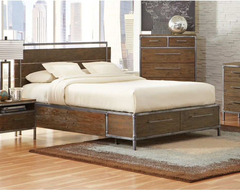 Mid-sized mountain style light wood floor bedroom photo in New York