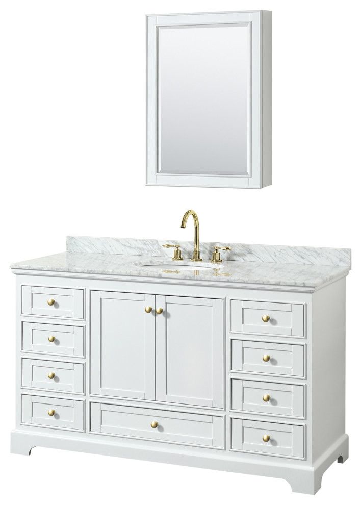 Deborah 60" White Single Vanity, Top, Oval Brushed Gold Trim, Medicine