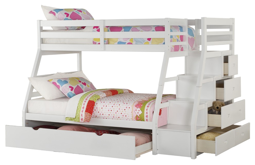 Jason Bunk Bed With Storage Ladder and Trundle, White, Twin Over Full Transitional Bunk Beds