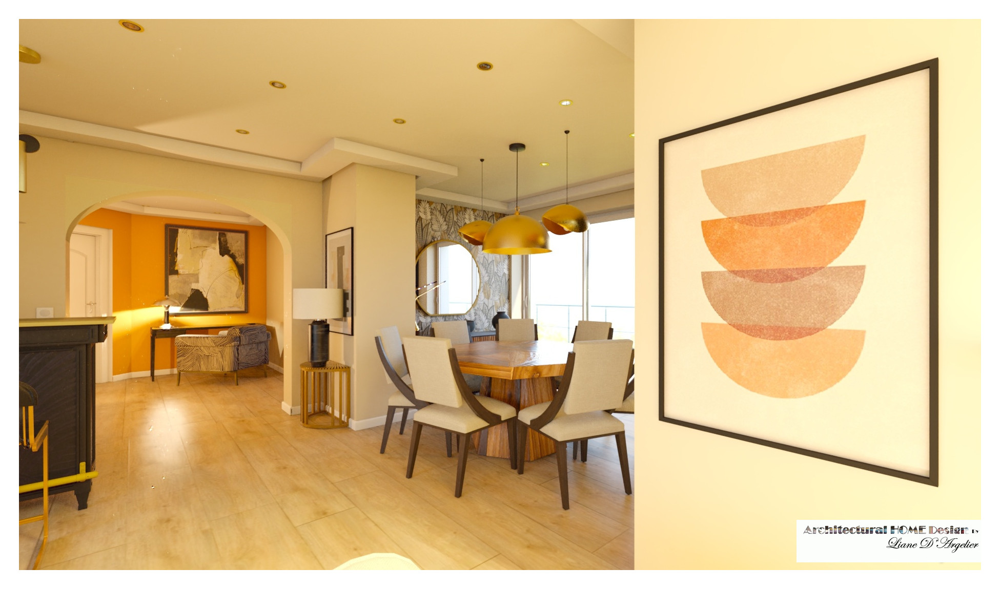 Living 60 m² chic avec cuisine ouverte.