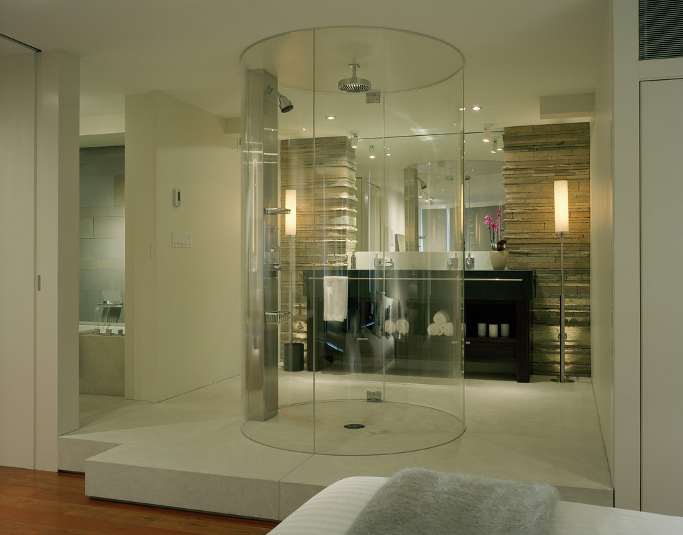 This is an example of a contemporary bathroom in Seattle with a curbless shower.