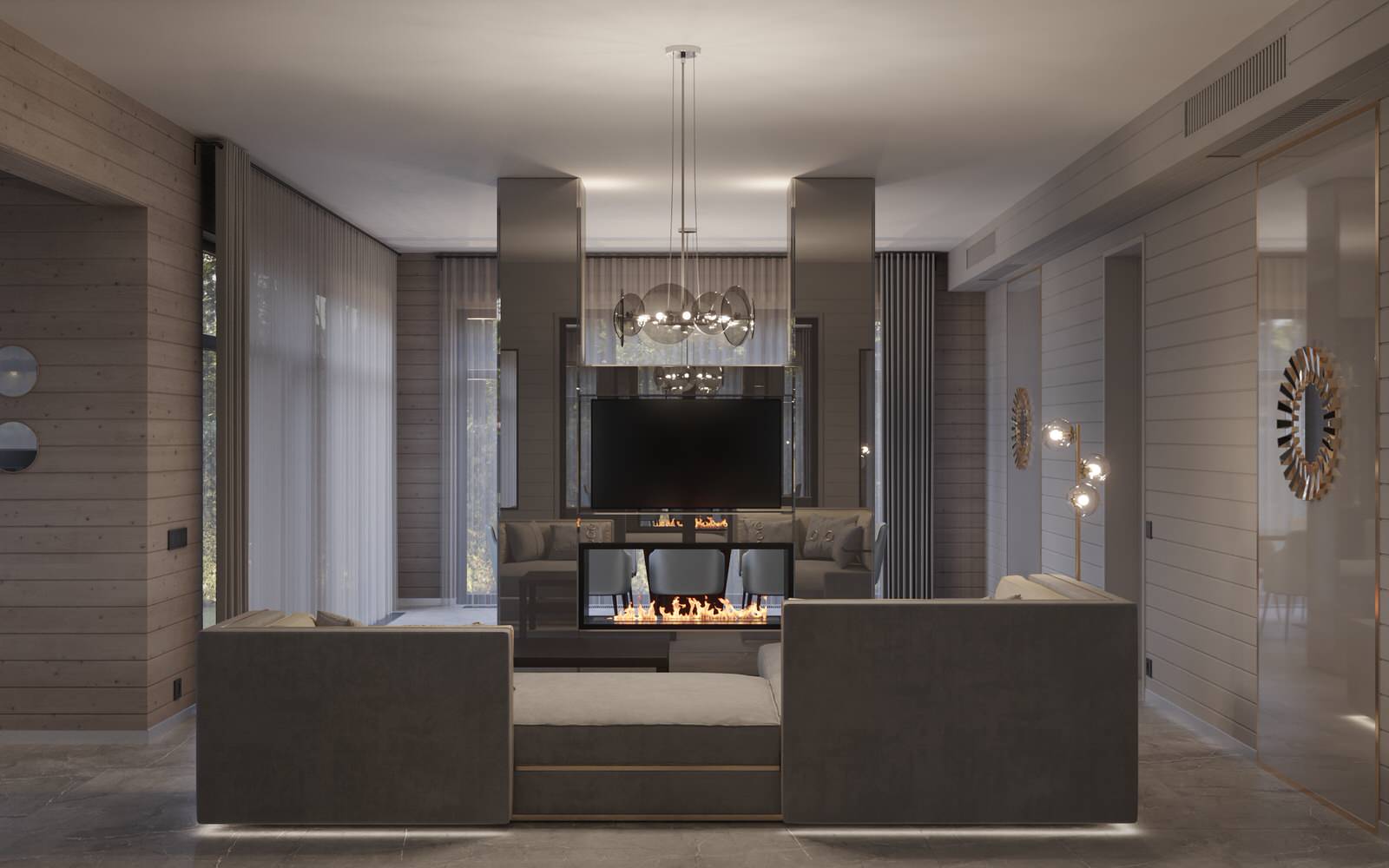 Гостиная с камином в проекте загородного дома