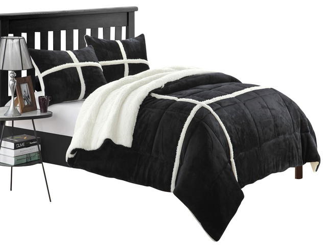 Chloe Plush Microsuede Sherpa Lined Black 7 Piece Comforter Bed In