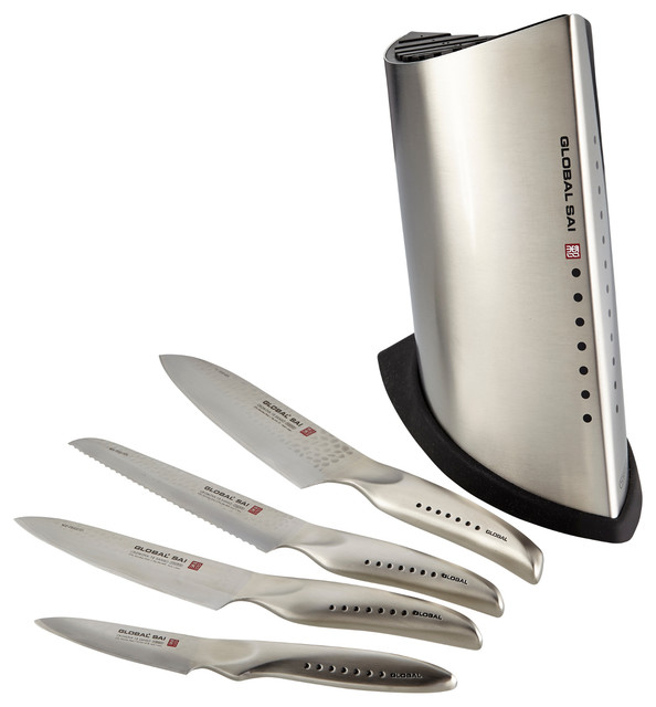 Global SAI 5 Piece Stainless Steel Knife Block Set Contemporary