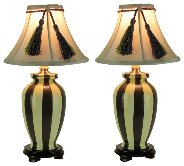 Vertical Striped Small Ceramic Table Lamp With Tassel Shade Set Of 2